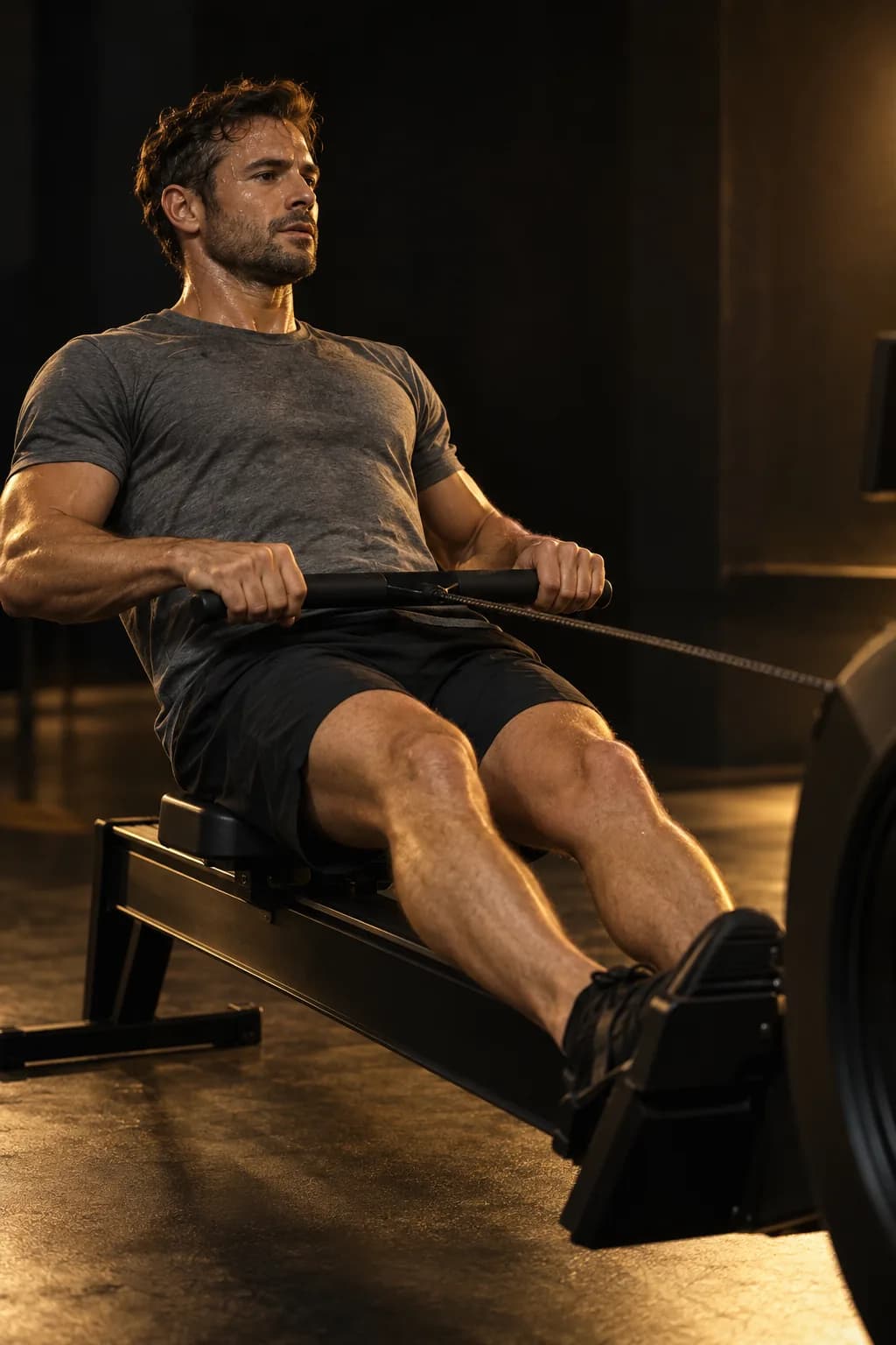A man mid-stroke on a rowing machine