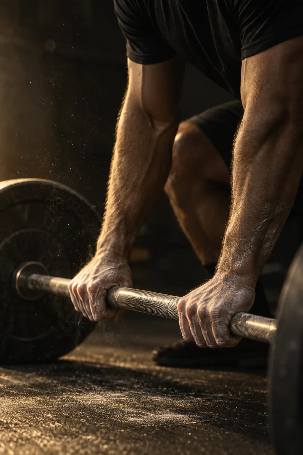 Chalked hands gripping a barbell