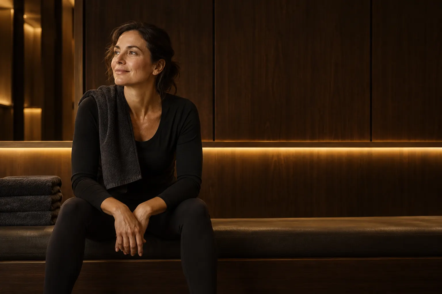 Une femme qui se repose sur un banc après l'entraînement, une serviette sur l'épaule